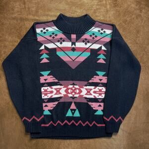 Clifton Place Vintage 80s Southwestern Knit Sweater Black Multicolor Mock Neck